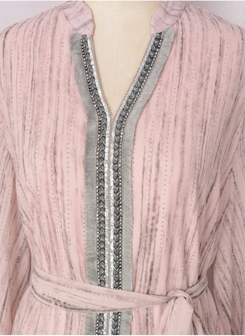 Ladies Exquisite Rhinestones Decoration Robe Elegant Loose Fit Long Dress Fashion Middle East Muslim Abaya Pink