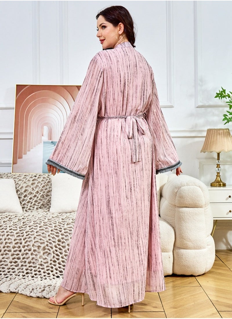Ladies Exquisite Rhinestones Decoration Robe Elegant Loose Fit Long Dress Fashion Middle East Muslim Abaya Pink
