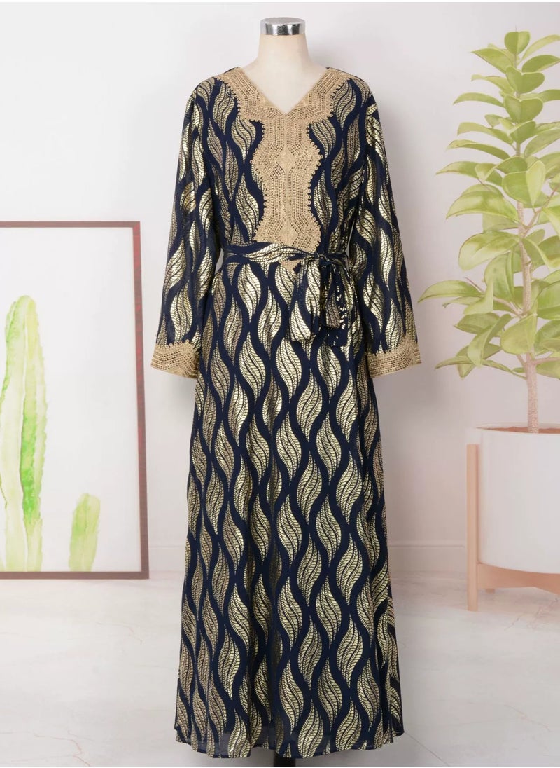 Womens V-Neck Bronzing Printing Muslim Abaya Evening Dress Loose Fit Dress Arabian Maxi Robe Dark Blue