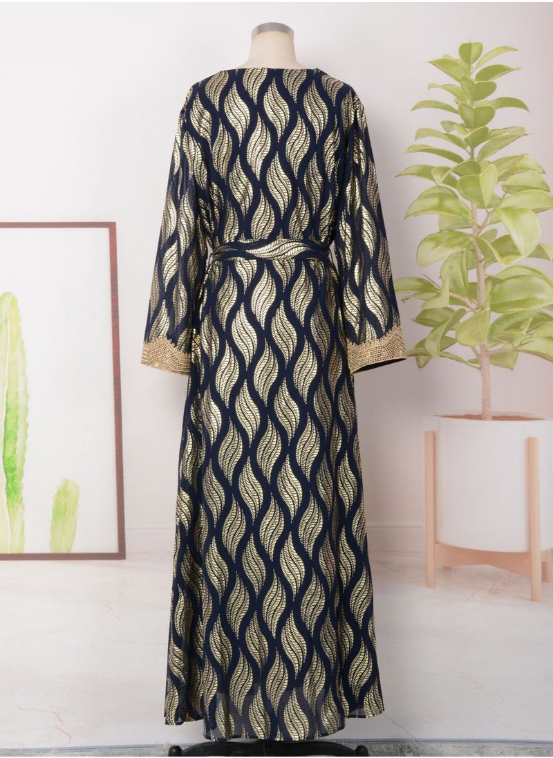 Womens V-Neck Bronzing Printing Muslim Abaya Evening Dress Loose Fit Dress Arabian Maxi Robe Dark Blue