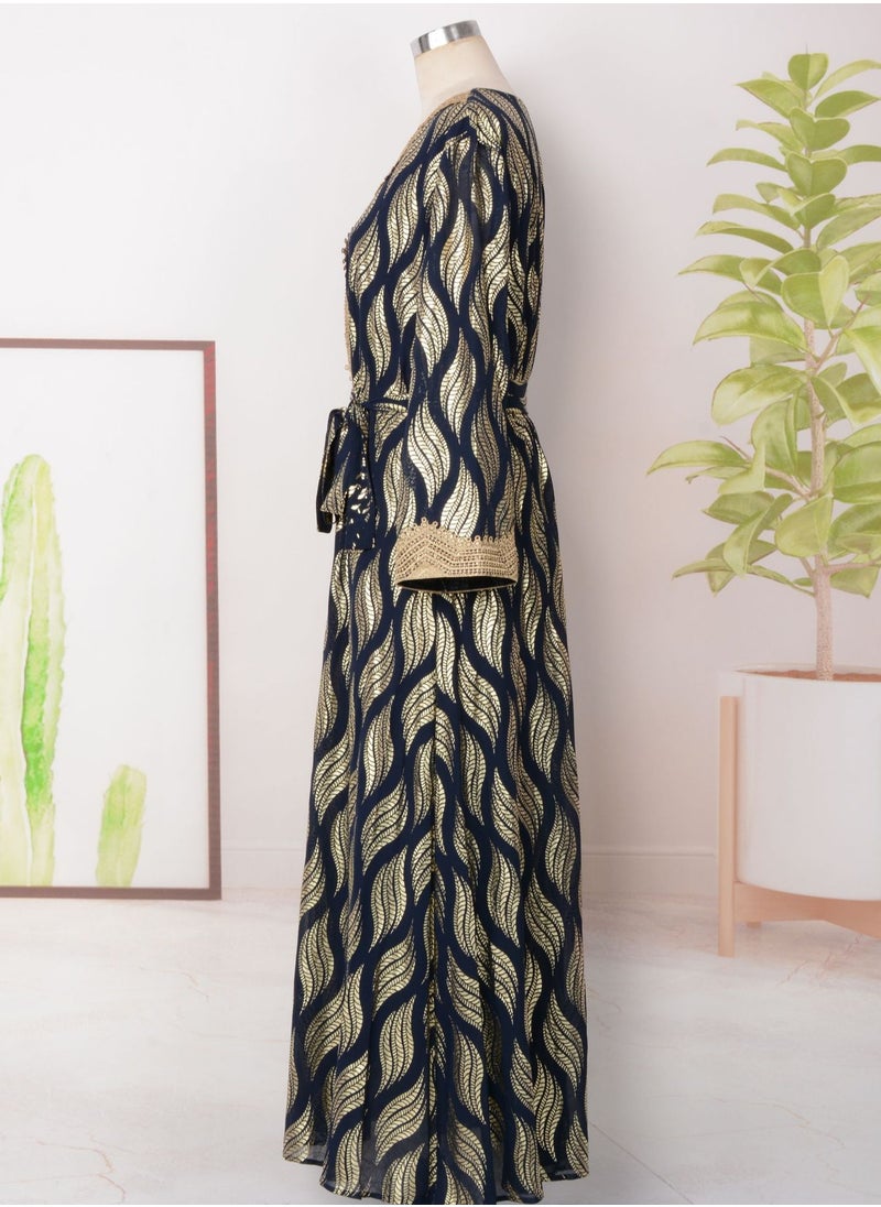 Womens V-Neck Bronzing Printing Muslim Abaya Evening Dress Loose Fit Dress Arabian Maxi Robe Dark Blue