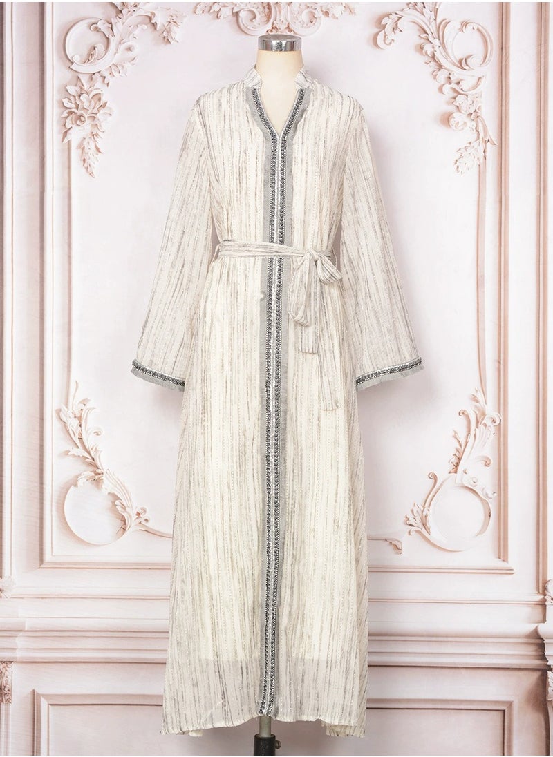 Ladies Exquisite Rhinestones Decoration Robe Elegant Loose Fit Long Dress Fashion Middle East Muslim Abaya Cream White