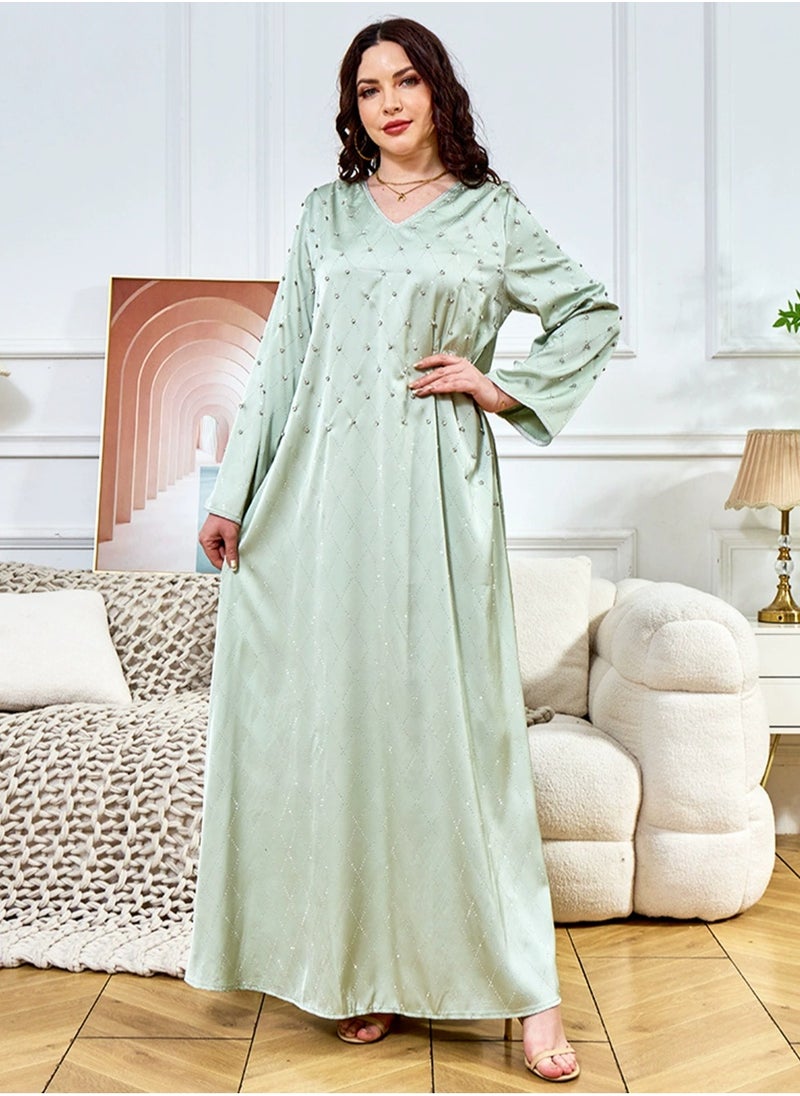 Ladies Loose Fit Robe Rhinestones Decoration Middle East Muslim Abaya Casual Long Dress Light Green