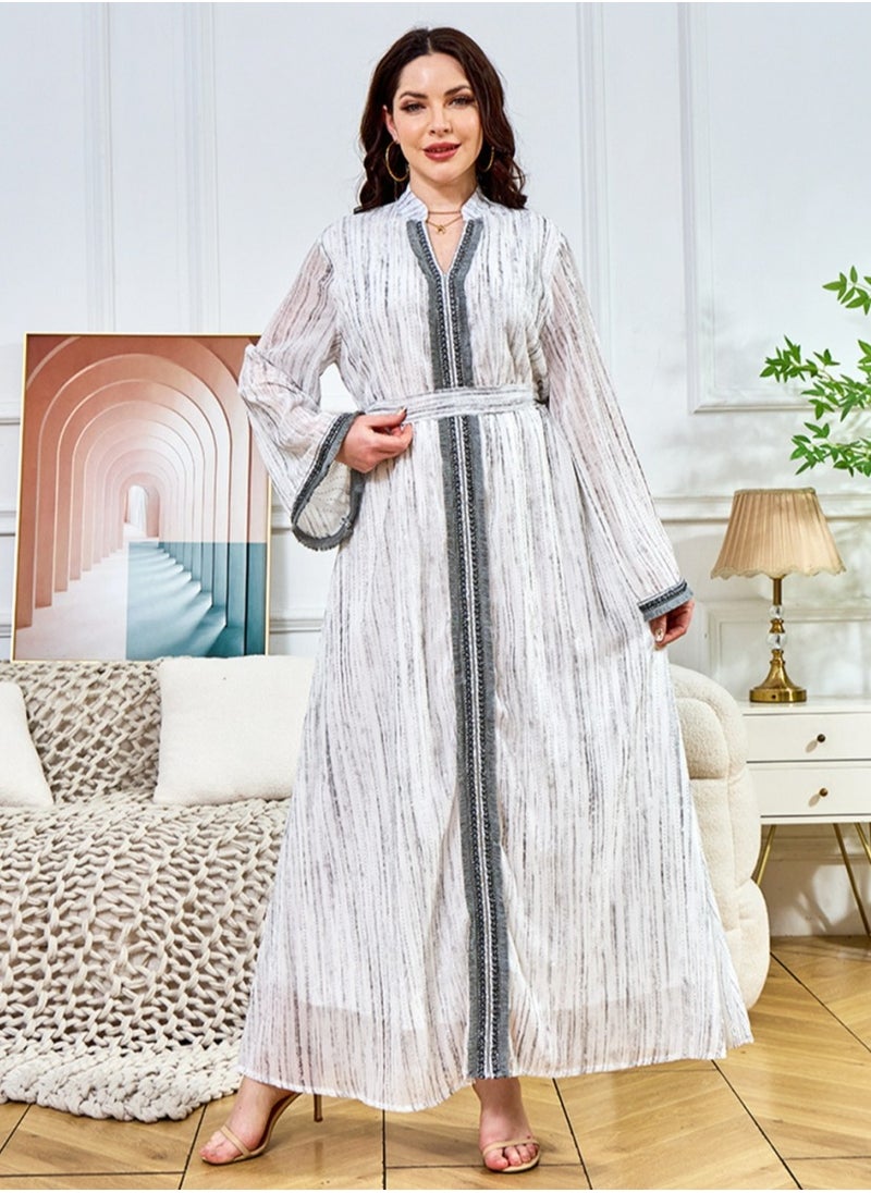 Ladies Exquisite Rhinestones Decoration Robe Elegant Loose Fit Long Dress Fashion Middle East Muslim Abaya Light Grey