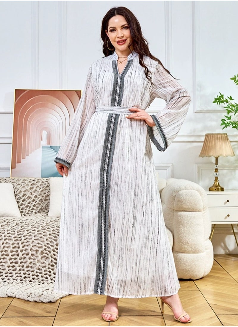 Ladies Exquisite Rhinestones Decoration Robe Elegant Loose Fit Long Dress Fashion Middle East Muslim Abaya Light Grey