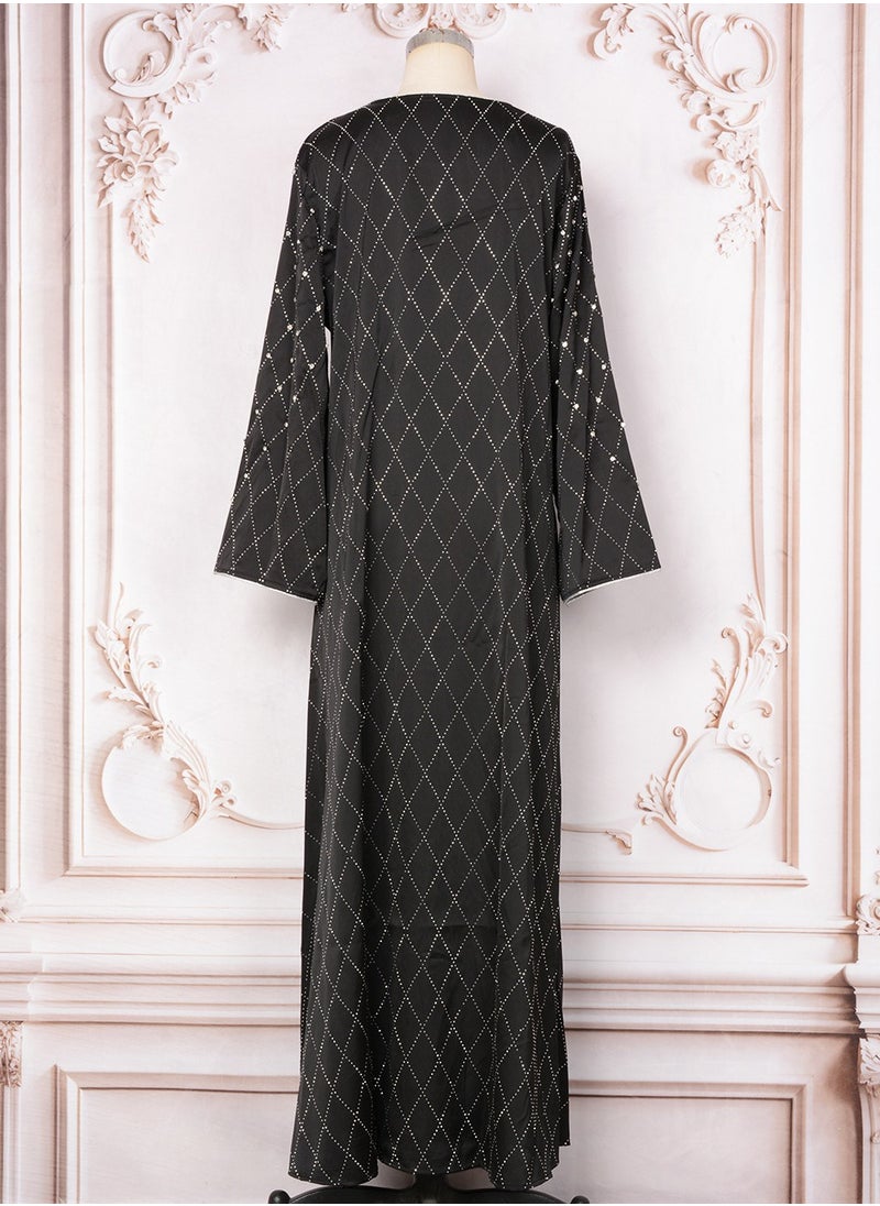 Ladies Loose Fit Robe Rhinestones Decoration Middle East Muslim Abaya Casual Long Dress Black