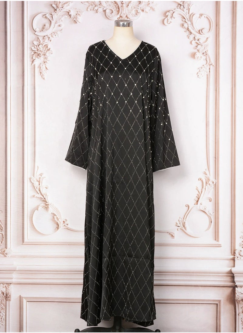 Ladies Loose Fit Robe Rhinestones Decoration Middle East Muslim Abaya Casual Long Dress Black