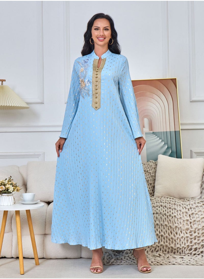 Ladies Exquisite Sequin Decoration Robe Elegant Long Dress Fashion Middle East Muslim Abaya Blue