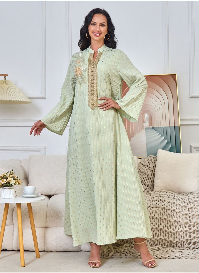 Ladies Exquisite Sequin Decoration Robe Elegant Long Dress Fashion Middle East Muslim Abaya Green