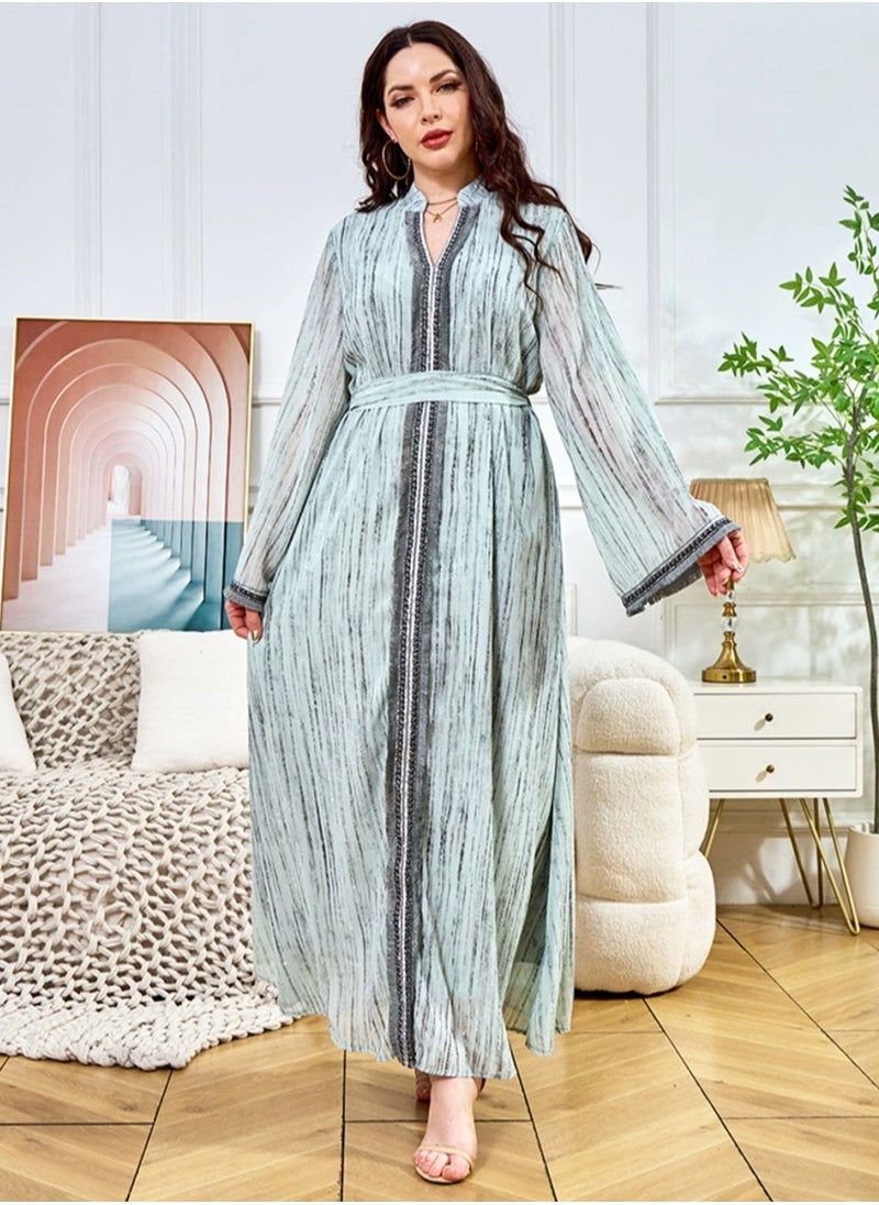 Ladies Exquisite Rhinestones Decoration Robe Elegant Loose Fit Long Dress Fashion Middle East Muslim Abaya Bluish Green