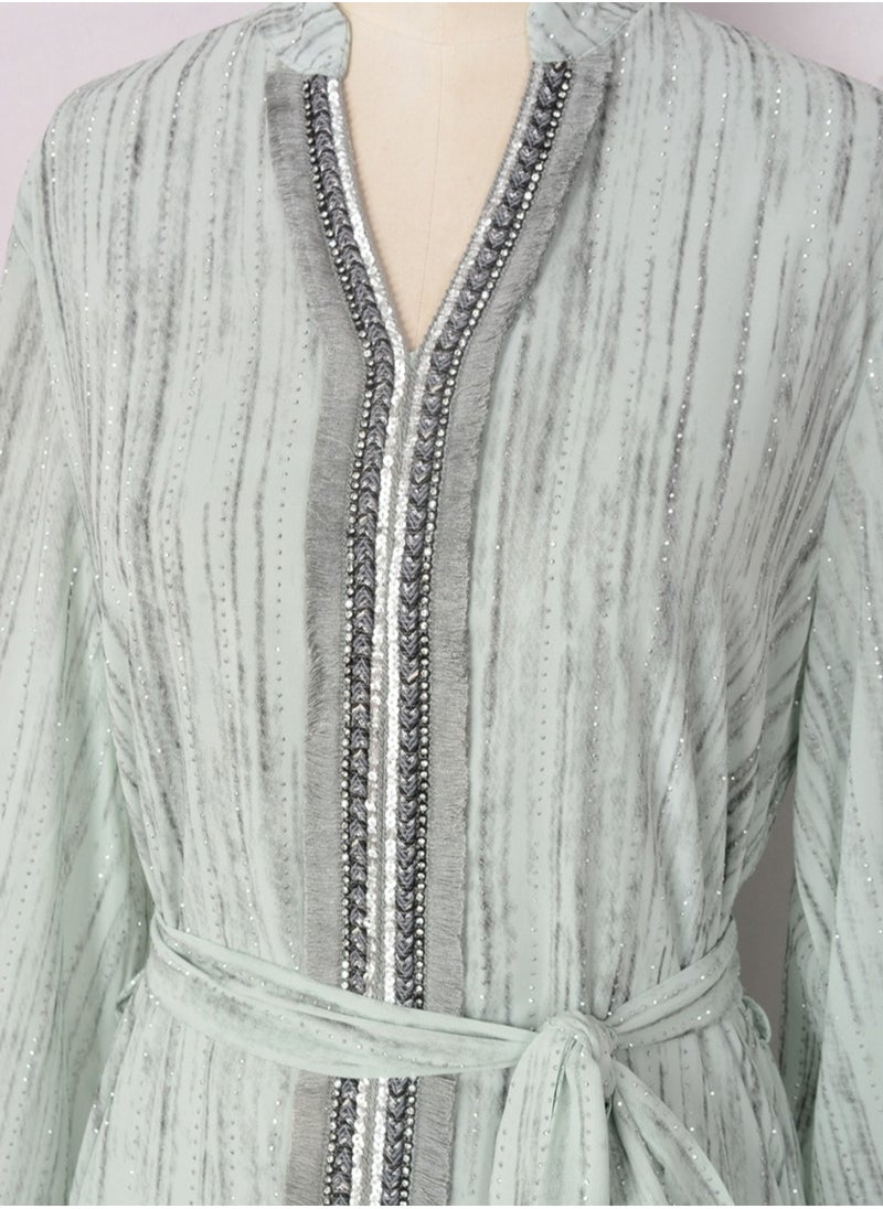 Ladies Exquisite Rhinestones Decoration Robe Elegant Loose Fit Long Dress Fashion Middle East Muslim Abaya Bluish Green
