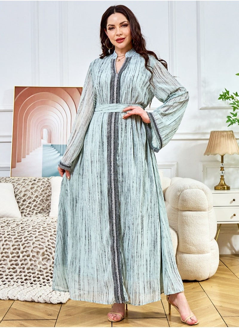 Ladies Exquisite Rhinestones Decoration Robe Elegant Loose Fit Long Dress Fashion Middle East Muslim Abaya Bluish Green