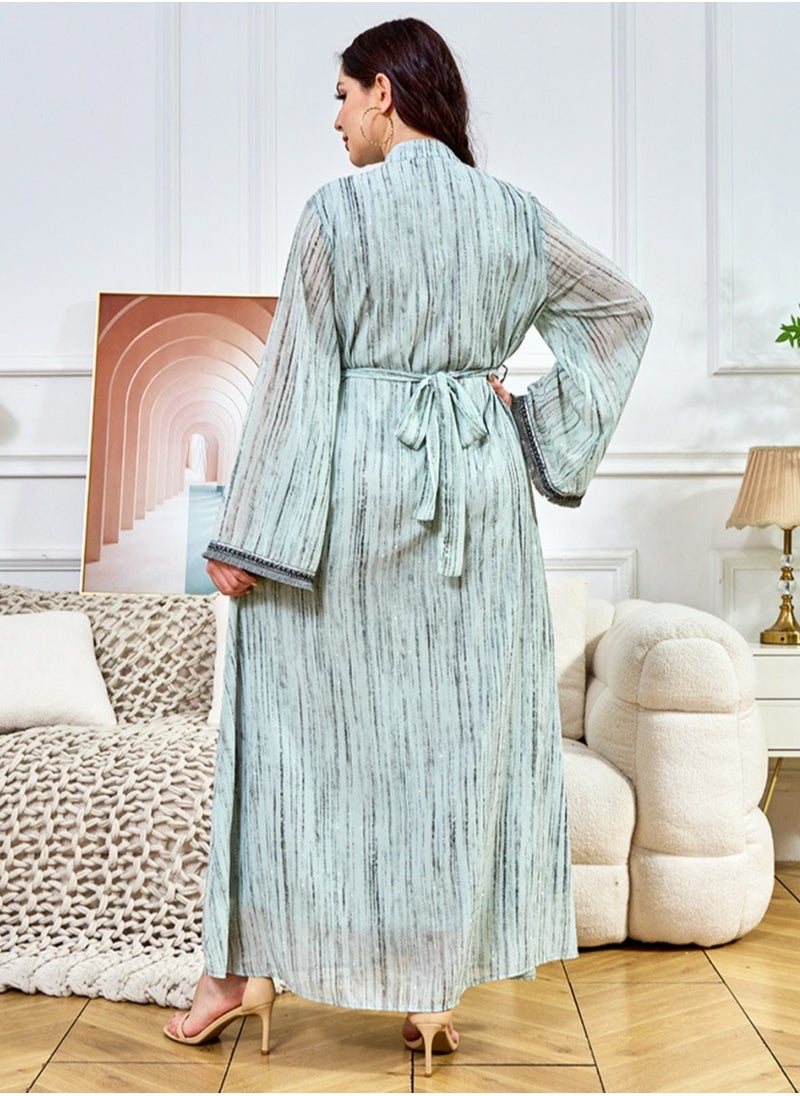 Ladies Exquisite Rhinestones Decoration Robe Elegant Loose Fit Long Dress Fashion Middle East Muslim Abaya Bluish Green