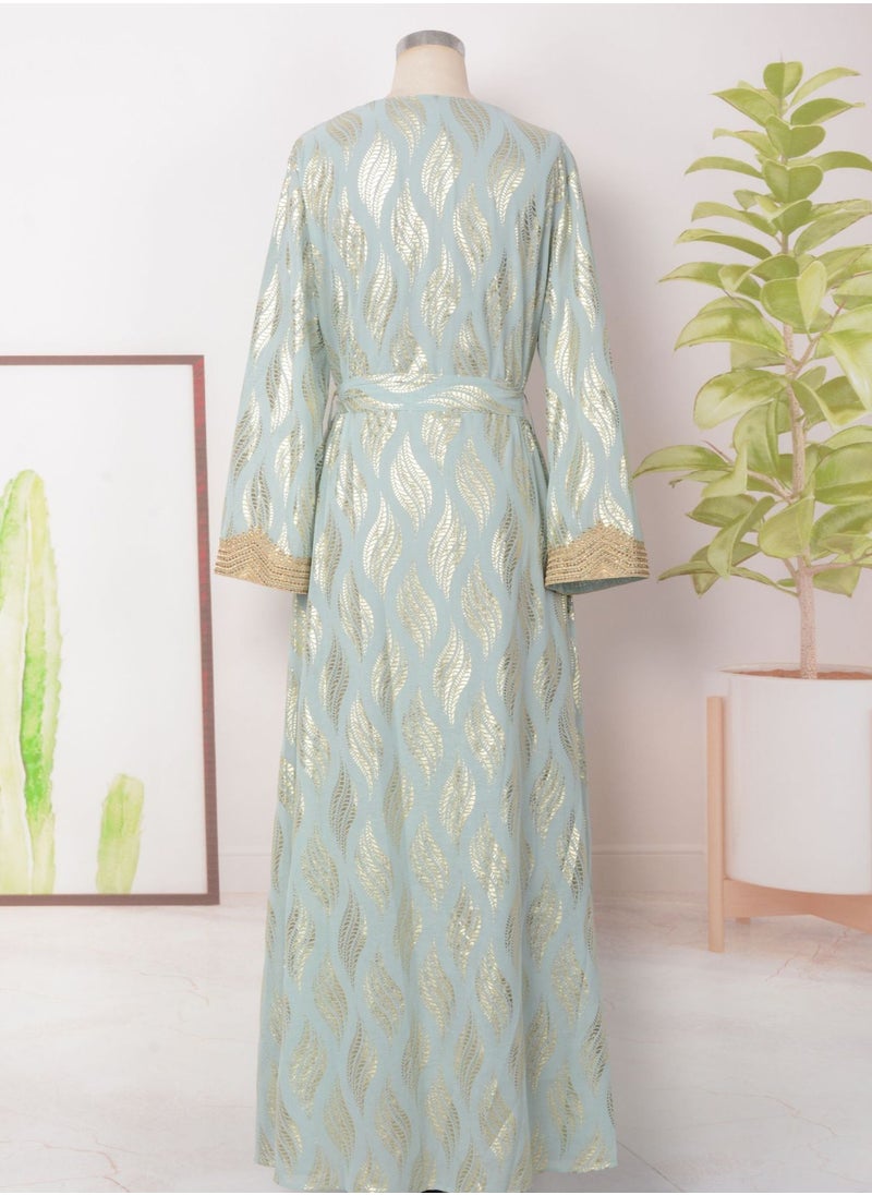Womens V-Neck Bronzing Printing Muslim Abaya Evening Dress Loose Fit Dress Arabian Maxi Robe Light Green