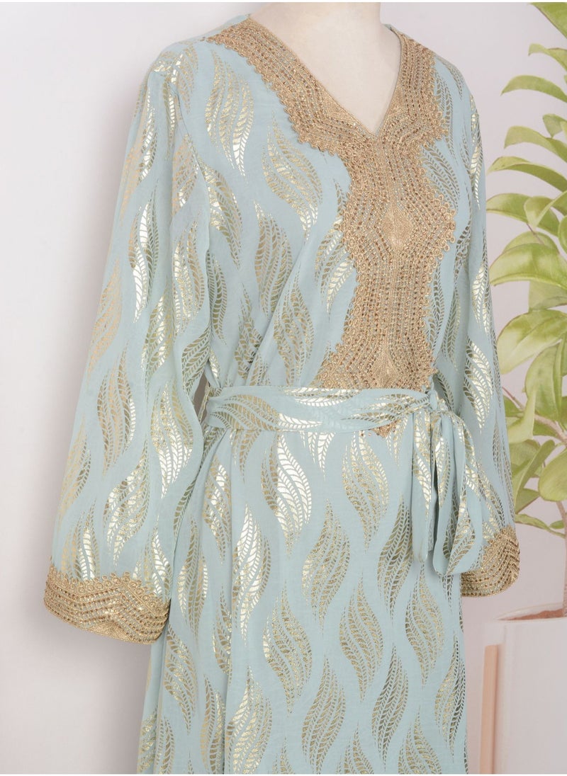 Womens V-Neck Bronzing Printing Muslim Abaya Evening Dress Loose Fit Dress Arabian Maxi Robe Light Green