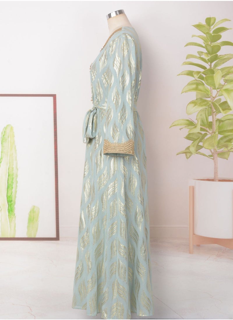 Womens V-Neck Bronzing Printing Muslim Abaya Evening Dress Loose Fit Dress Arabian Maxi Robe Light Green