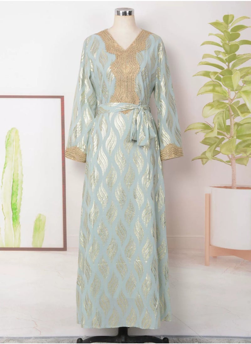 Womens V-Neck Bronzing Printing Muslim Abaya Evening Dress Loose Fit Dress Arabian Maxi Robe Light Green