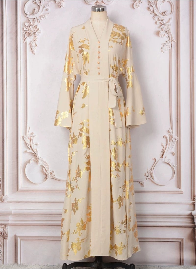 Womens V-Neck Flare Sleeve Bronzing Printing Muslim Abaya Evening Dress Loose Fit Dress Arabian Maxi Robe Beige