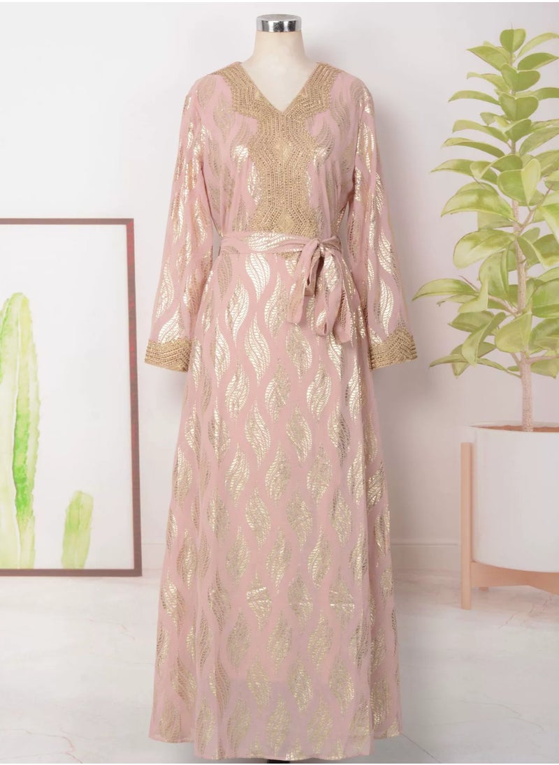 Womens V-Neck Bronzing Printing Muslim Abaya Evening Dress Loose Fit Dress Arabian Maxi Robe Pink