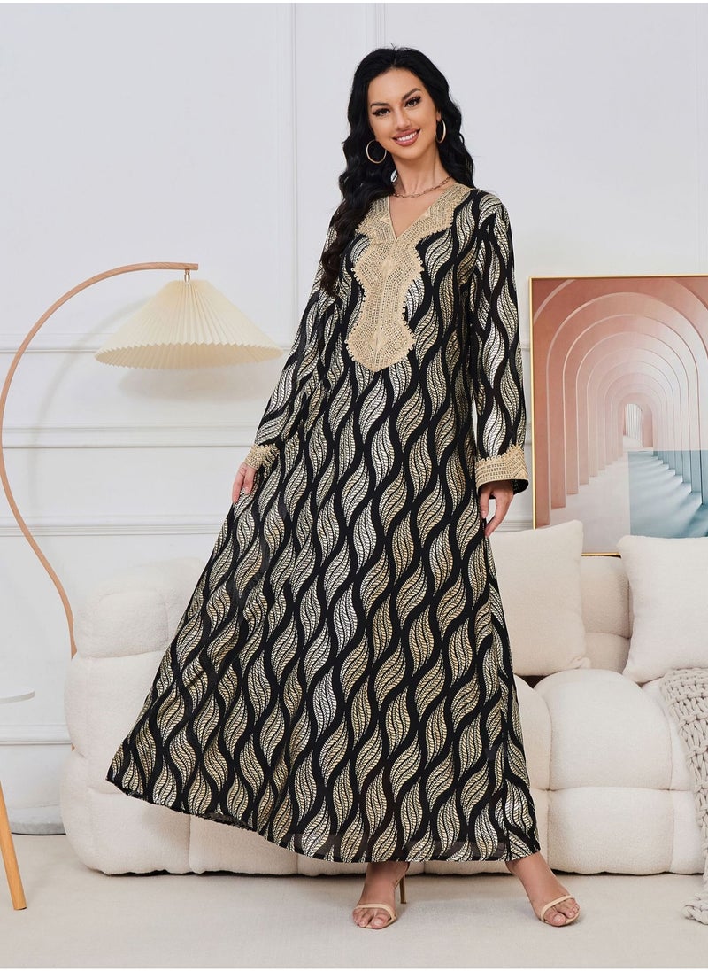 Womens V-Neck Bronzing Printing Muslim Abaya Evening Dress Loose Fit Dress Arabian Maxi Robe Black