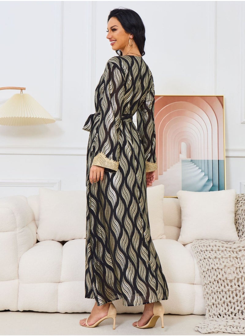 Womens V-Neck Bronzing Printing Muslim Abaya Evening Dress Loose Fit Dress Arabian Maxi Robe Black