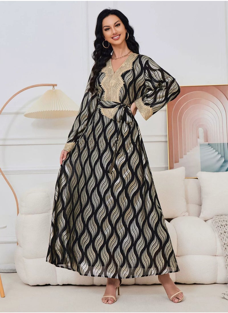 Womens V-Neck Bronzing Printing Muslim Abaya Evening Dress Loose Fit Dress Arabian Maxi Robe Black