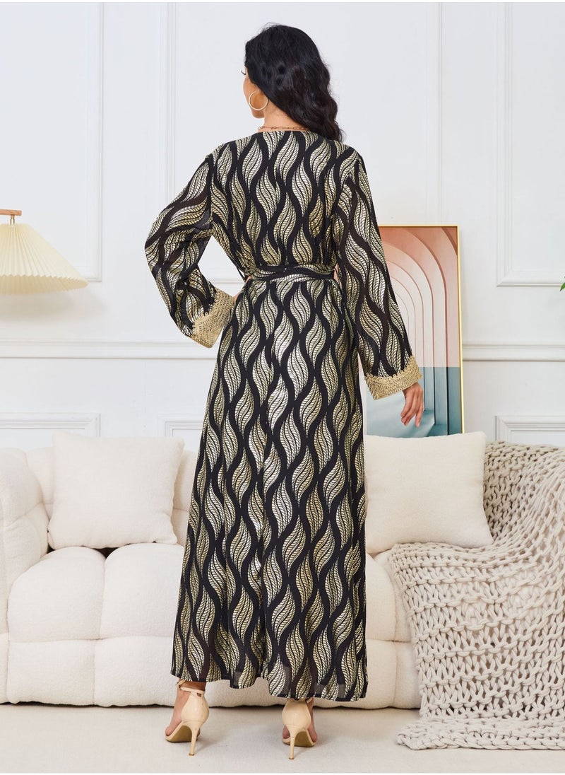 Womens V-Neck Bronzing Printing Muslim Abaya Evening Dress Loose Fit Dress Arabian Maxi Robe Black