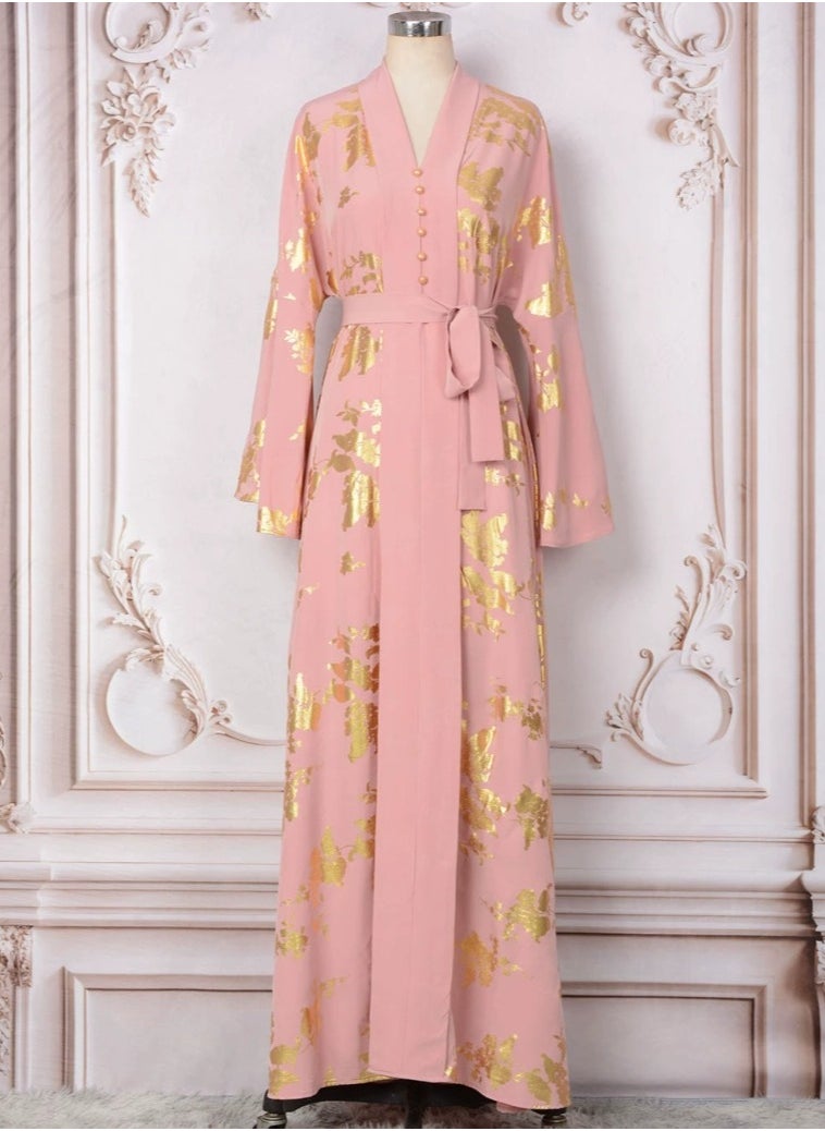 Womens V-Neck Flare Sleeve Bronzing Printing Muslim Abaya Evening Dress Loose Fit Dress Arabian Maxi Robe Pink