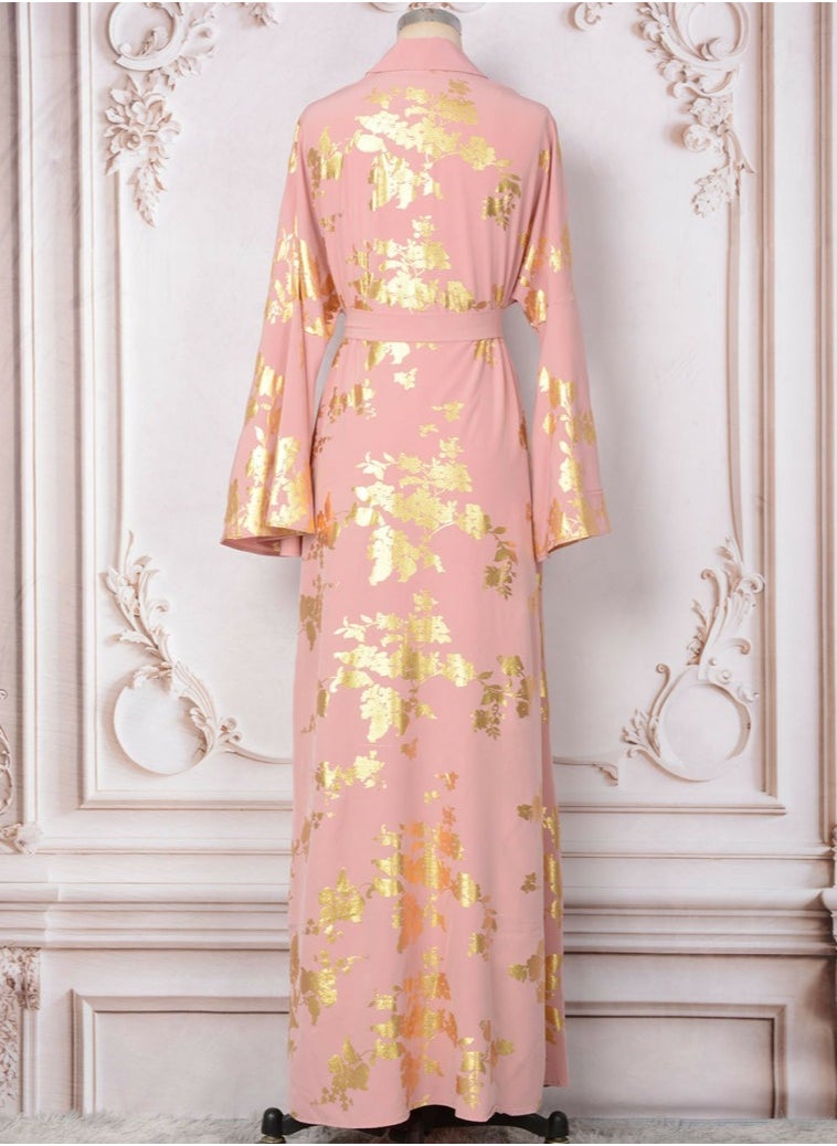 Womens V-Neck Flare Sleeve Bronzing Printing Muslim Abaya Evening Dress Loose Fit Dress Arabian Maxi Robe Pink