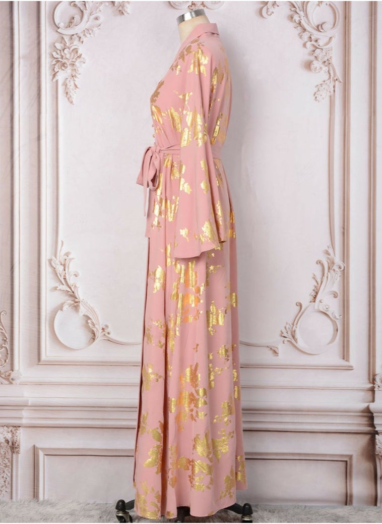 Womens V-Neck Flare Sleeve Bronzing Printing Muslim Abaya Evening Dress Loose Fit Dress Arabian Maxi Robe Pink