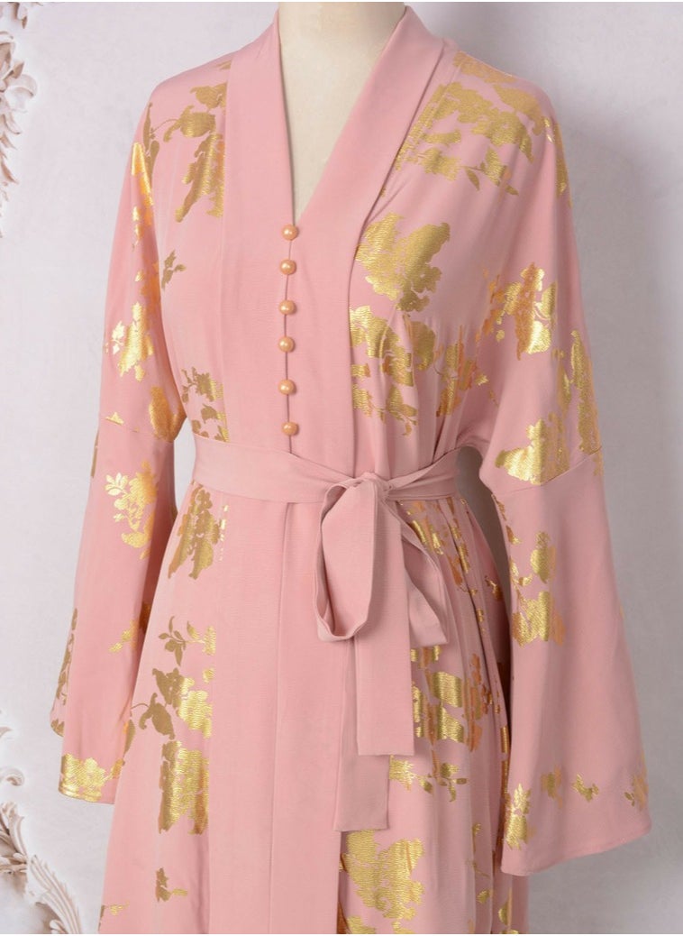 Womens V-Neck Flare Sleeve Bronzing Printing Muslim Abaya Evening Dress Loose Fit Dress Arabian Maxi Robe Pink