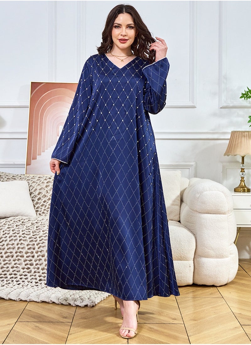 Ladies Loose Fit Robe Rhinestones Decoration Middle East Muslim Abaya Casual Long Dress Blue