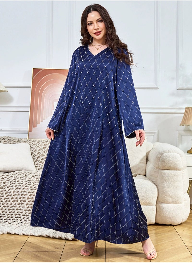 Ladies Loose Fit Robe Rhinestones Decoration Middle East Muslim Abaya Casual Long Dress Blue