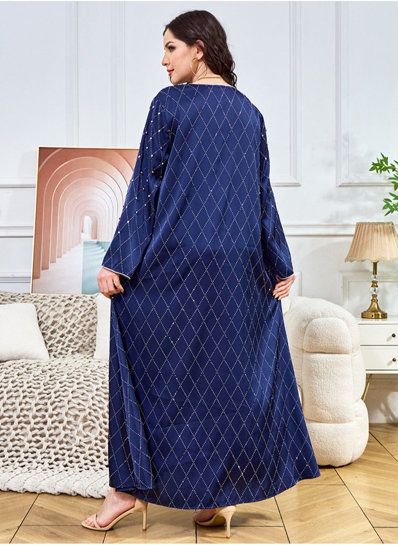 Ladies Loose Fit Robe Rhinestones Decoration Middle East Muslim Abaya Casual Long Dress Blue