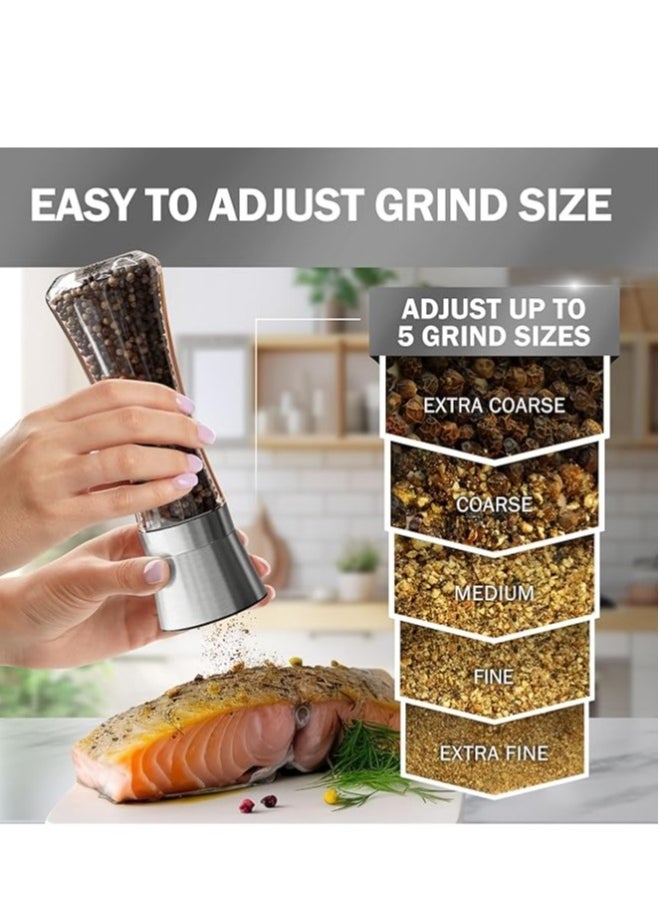 Premium Stainless Steel Sea Salt and Pepper Grinder Set of 2 - Adjustable Ceramic - Tall Glass Salt and Pepper Shakers