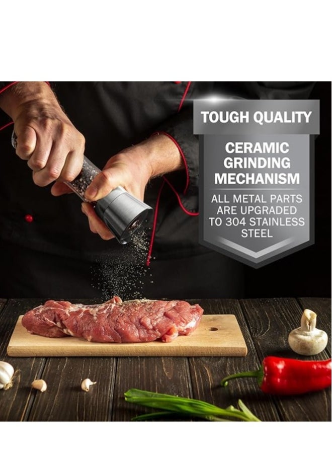 Premium Stainless Steel Sea Salt and Pepper Grinder Set of 2 - Adjustable Ceramic - Tall Glass Salt and Pepper Shakers