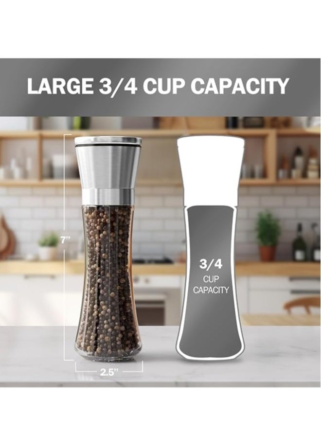 Premium Stainless Steel Sea Salt and Pepper Grinder Set of 2 - Adjustable Ceramic - Tall Glass Salt and Pepper Shakers