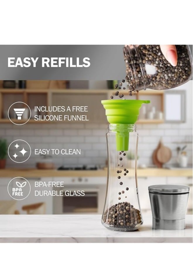 Premium Stainless Steel Sea Salt and Pepper Grinder Set of 2 - Adjustable Ceramic - Tall Glass Salt and Pepper Shakers