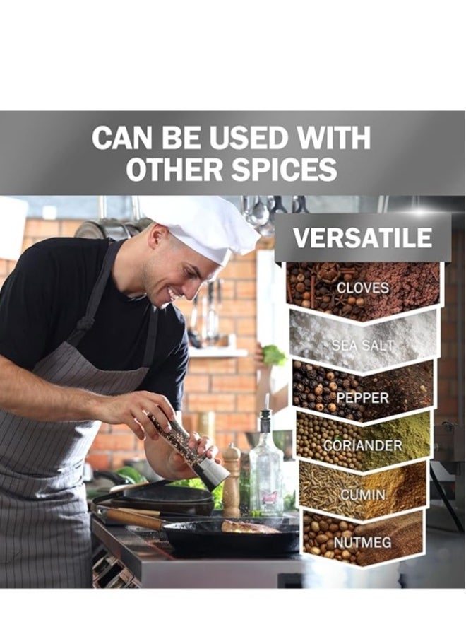 Premium Stainless Steel Sea Salt and Pepper Grinder Set of 2 - Adjustable Ceramic - Tall Glass Salt and Pepper Shakers
