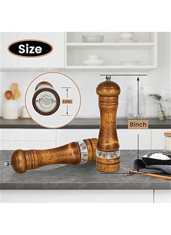 8 Inches Wood Salt and Pepper Mill Set of 2, Pepper Grinders with Transparent Window - Salt Shakers with Adjustable Ceramic Rotor, Ideal Tool for Kitchen