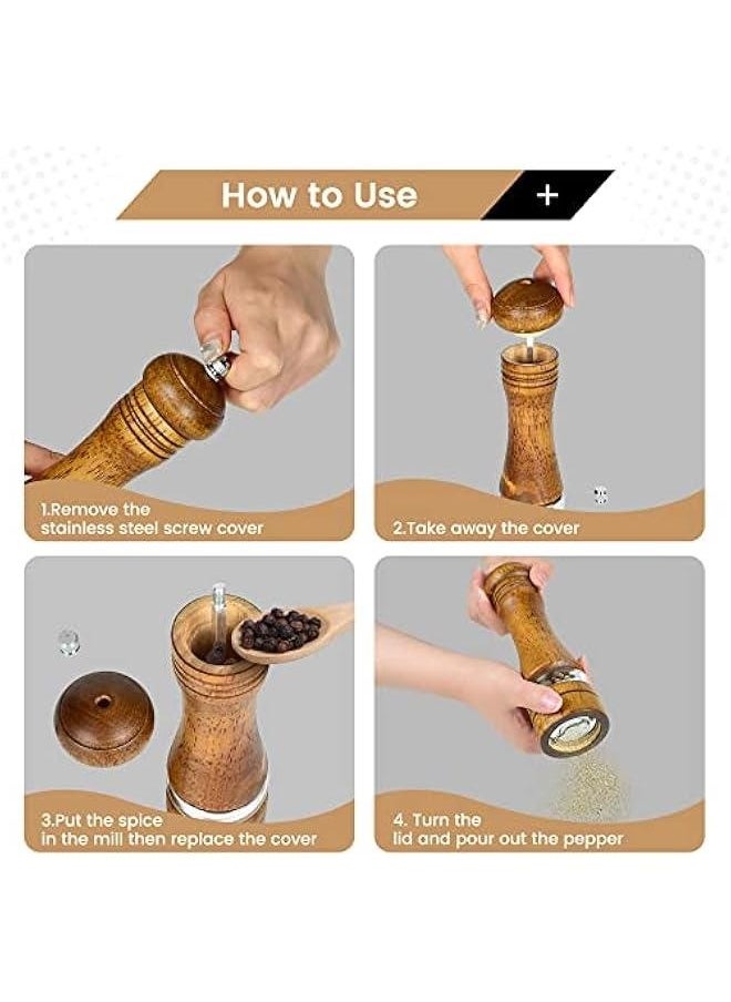 8 Inches Wood Salt and Pepper Mill Set of 2, Pepper Grinders with Transparent Window - Salt Shakers with Adjustable Ceramic Rotor, Ideal Tool for Kitchen