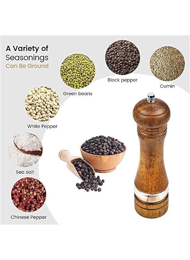 8 Inches Wood Salt and Pepper Mill Set of 2, Pepper Grinders with Transparent Window - Salt Shakers with Adjustable Ceramic Rotor, Ideal Tool for Kitchen