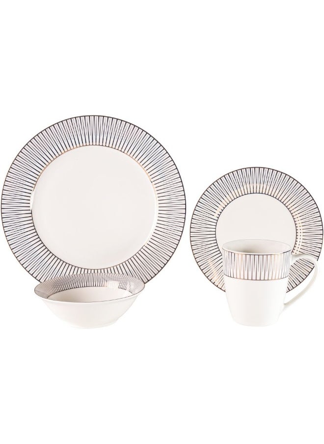 Youthful Bite Radiance 16 Piece New Bone China Dinner Set Elegant Dinnerware for 4 Stylish Plates Bowls and Mugs Perfect for Formal Dining & Home Entertaining