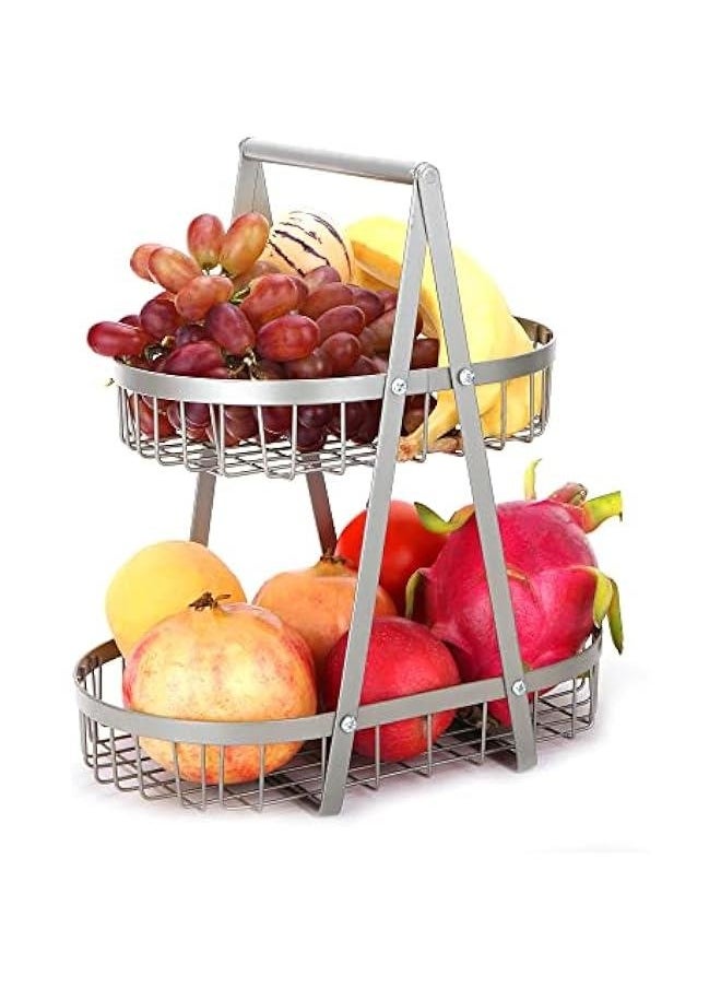 2 Tier Fruit Basket,Detachable Metal Fruit Basket Bowl for Kitchen Storage,Countertop Fruit Basket Stand Kitchen Storage Counter Dining Room Organizer for Fruits Snacks Bread Basket Vegetables (Gold