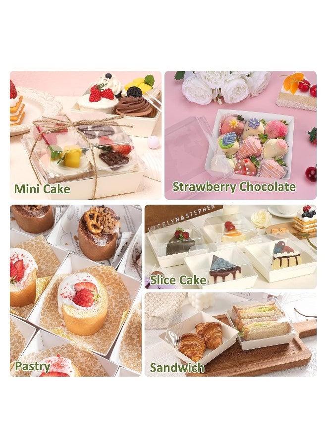 Charlovelyrie Boxes with Clear Lids, 50Pcs Brown Oil-Proof Kraft Paper Dessert Boxes Food Containers for Bakery, Macaron, Cookies, Mini Cakes, Strawberries, Tiramisu Hamburger Packing Box