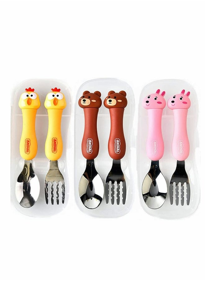 Toddler Utensils Set 3PCS Kids Cutlery Sets Children's Portable Tableware Spoon u0026 Fork Set with Plastic Case 304 Stainless Steel BPA Free Dishwasher Safe (Chicken, Bear, Bunny)