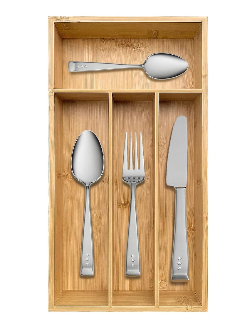 Bamboo Kitchen Drawer Organizer – 4-Grid Cutlery Tray and Silverware Holder for Utensils, Flatware, and Kitchen Storage