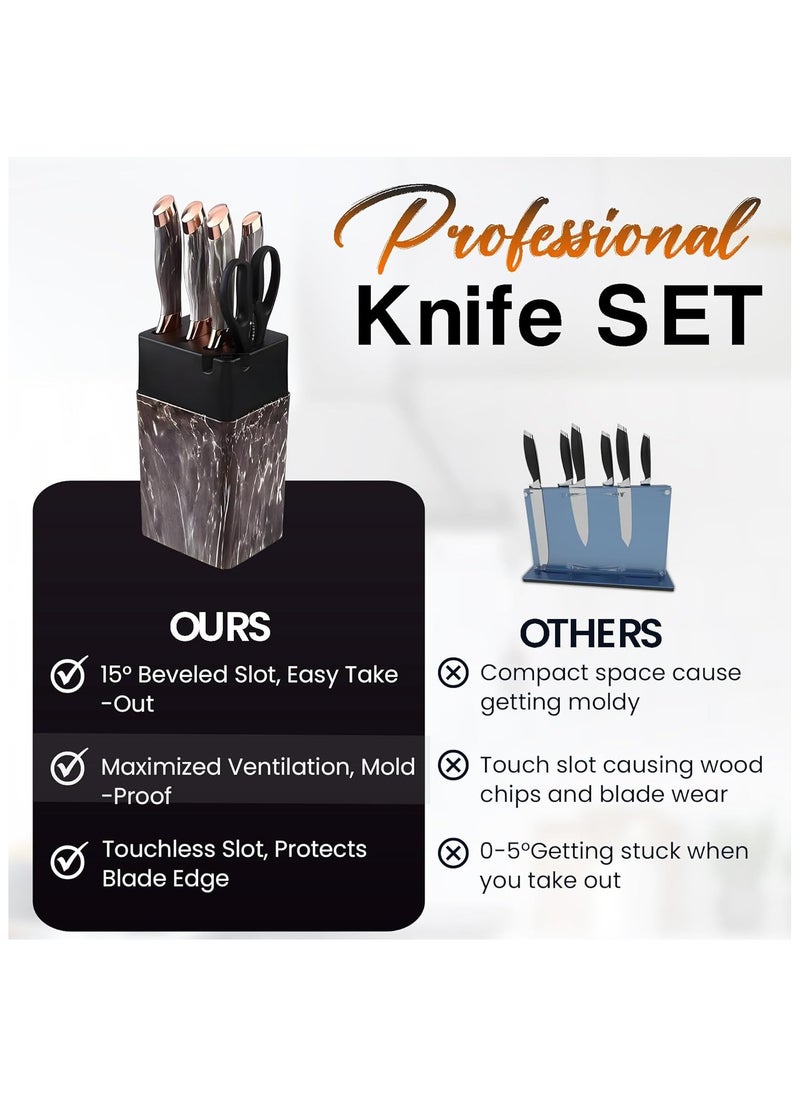 7-Piece Stainless Steel Knife Set with Holder – Sharp Kitchen Chef Knives with Scissors, Sharpener & Marble Handles – Premium Cutlery Set for Home & Professional Use