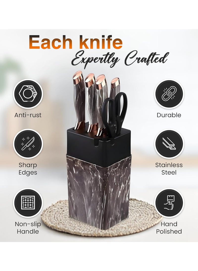 7-Piece Stainless Steel Knife Set with Holder – Sharp Kitchen Chef Knives with Scissors, Sharpener & Marble Handles – Premium Cutlery Set for Home & Professional Use