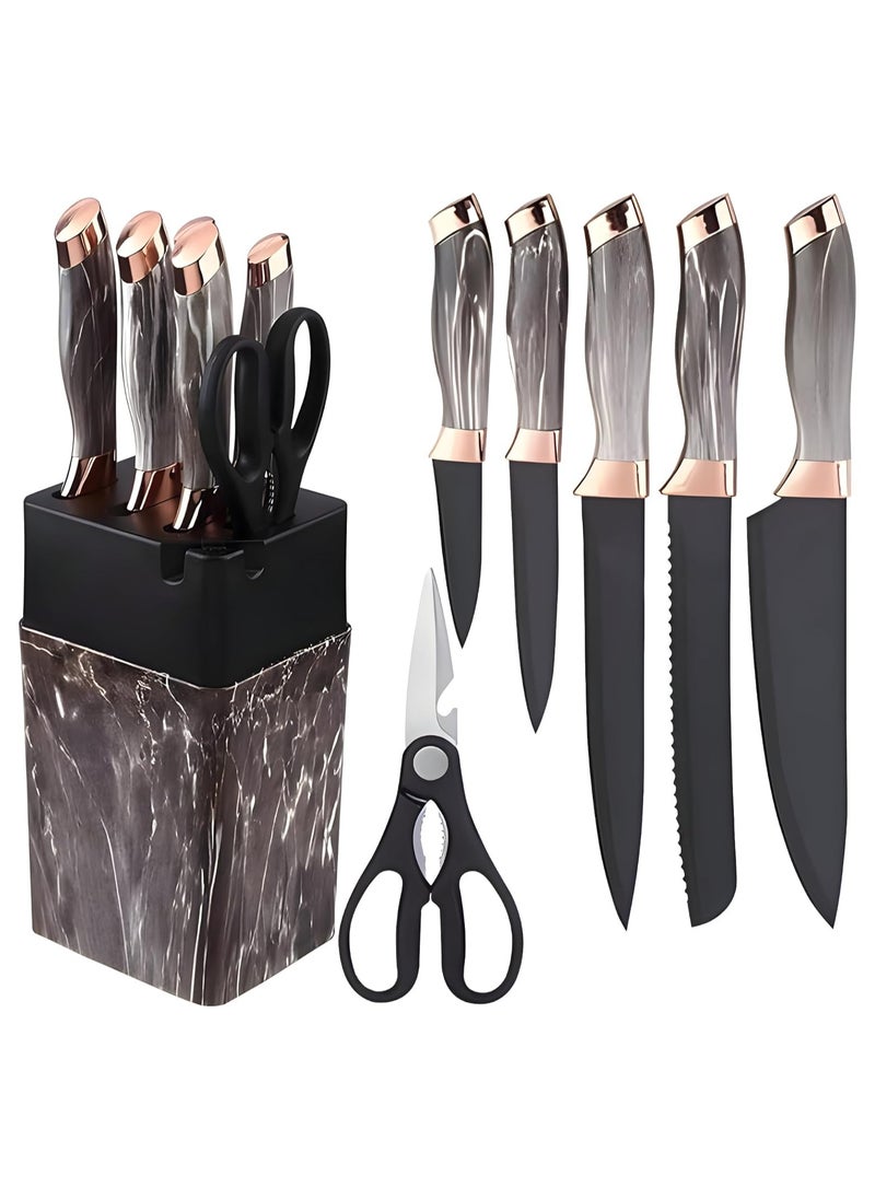 7-Piece Stainless Steel Knife Set with Holder – Sharp Kitchen Chef Knives with Scissors, Sharpener & Marble Handles – Premium Cutlery Set for Home & Professional Use